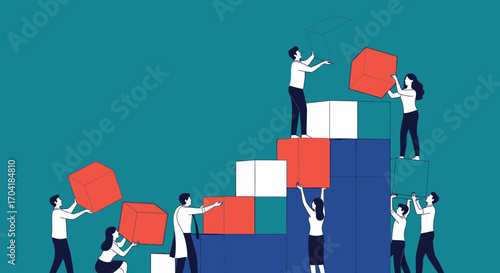 A team of business people collaborating to build a rising structure of blocks, symbolizing growth, progress, and teamwork.