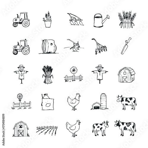 Farming activities and tools rural landscape illustration set outdoor environment wide angle agricultural concepts. Vector illustration
