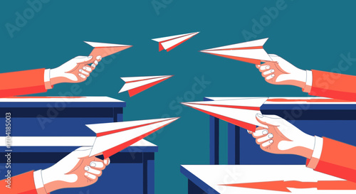 Illustration of business competition with two opposing sides throwing paper airplanes across a divide.