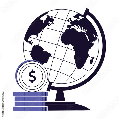 Illustration of a globe with a stack of coins and a dollar sign, symbolizing global finance and investment