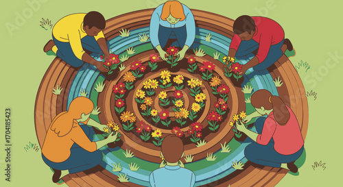 An overhead illustration of a diverse community working together, planting colorful flowers in a large, circular, spiral garden bed.