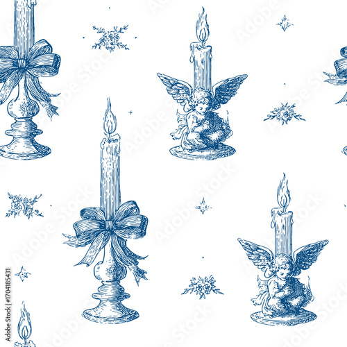 Editable Vector Seamless Vintage Toile Christmas Pattern 6 with Angels and Candles with Bows. Hand-drawn Christmas angels and festive candles decorated with bows, created with fine engraved lines