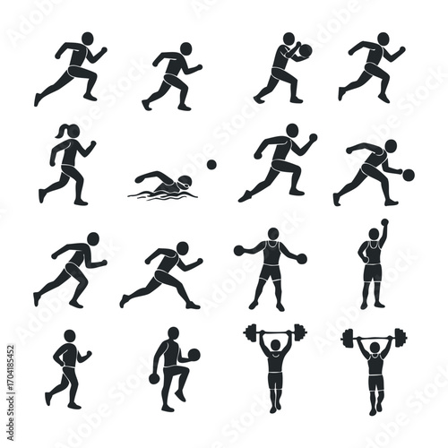 Dynamic sports activities featuring athletes in various disciplines fitness studio icons collection minimalist style. Vector illustration