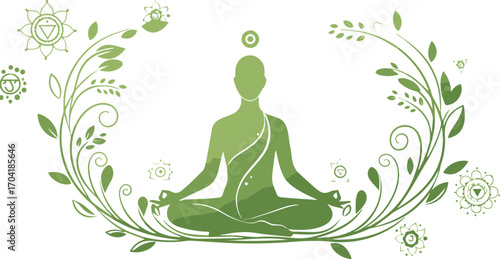 Serene figure meditating peacefully amidst flowing green floral elements and chakra symbols