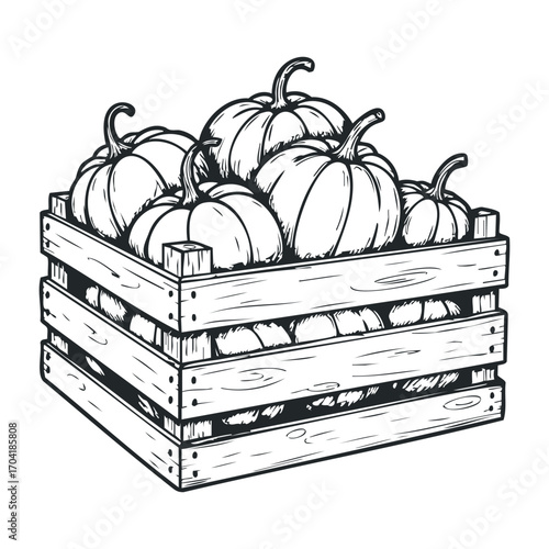 Harvest season assorted pumpkins in a rustic wooden crate farm setting illustration autumn vibe side view. Vector illustration