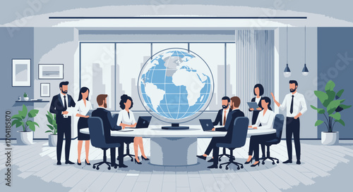 A diverse business team collaborates in a modern conference room, discussing global strategy around a large digital Earth display.