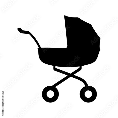 A black silhouette of a baby stroller is isolated on white