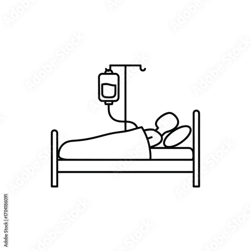 Simple line art illustration of a patient receiving iv drip treatment in hospital bed vector