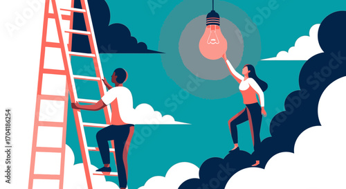 Two people collaborating to achieve a goal, one climbing a ladder and another reaching for a lightbulb idea.