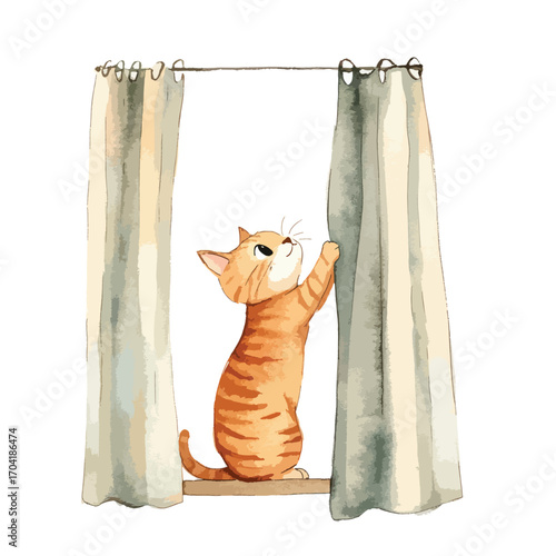 Curious Ginger Cat Investigating Watercolor Curtains
