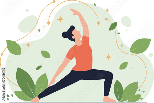 Serene woman gracefully practicing yoga warrior pose amidst calming natural elements and gentle sparkles