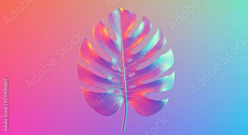 Vibrant monstera leaf on colorful gradient background