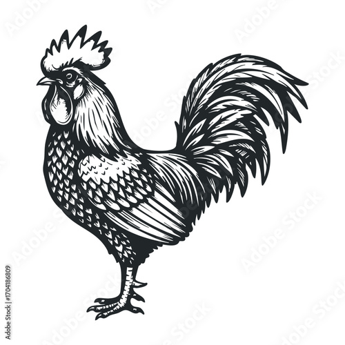 Rooster illustration farmyard artwork rustic setting side view animal symbolism. Vector illustration
