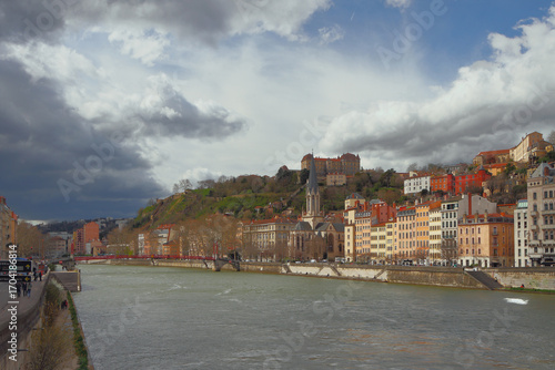 Sona River and city on its banks. Lyon, France