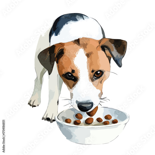 Curious Jack Russell Terrier Eating Food from a Bowl Artistic Illustration