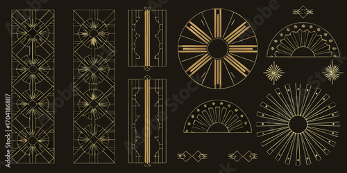 Collection of art deco geometric decorative elements and ornaments in gold on black background