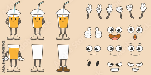 Collection of cartoon drink cups with various facial expressions and hand gestures for animation
