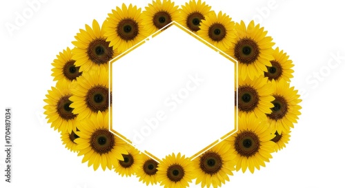 Hexagonal frame with yellow sunflowers on white background