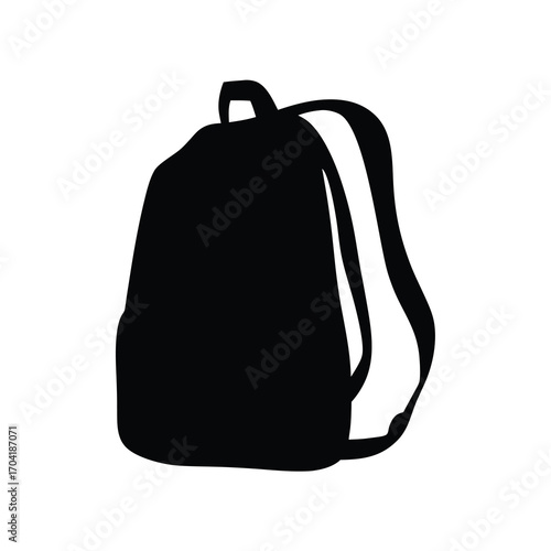 Silhouette of a black backpack with straps and handle on white background
