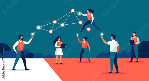 A diverse team of professionals collaborating to build a glowing digital network, symbolizing teamwork and technology.