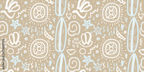 Whimsical hand drawn beach surfboard and starfish pattern on tan background