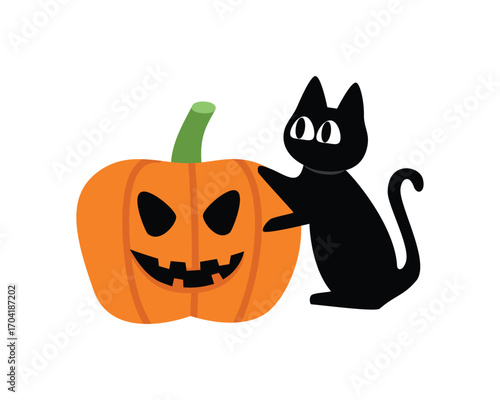 Halloween Cat and scary pumpkin. Black cat with orange halloween pumpkin. Happy halloween.
