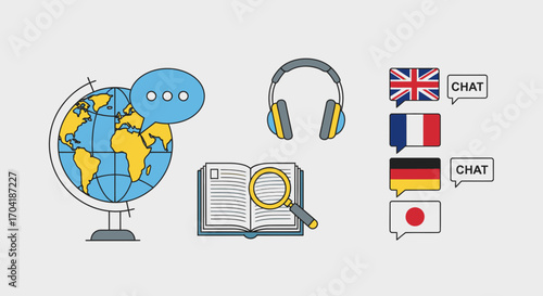Concept of language learning and global communication with educational icons.