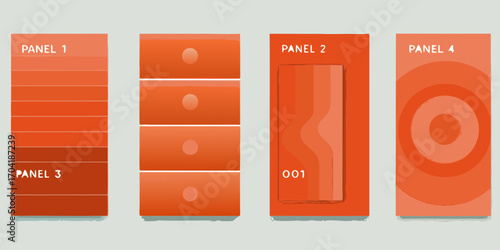 Four panels displaying different abstract orange gradient designs and patterns with text labels