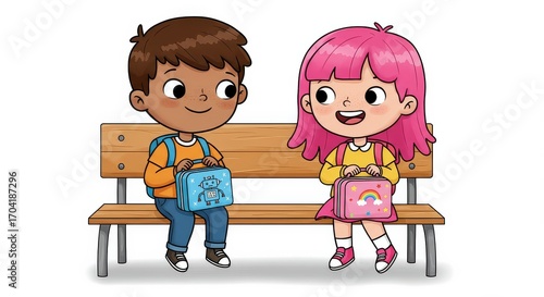 Smiling kids on bench with lunchboxes: young boy and girl with pink hair in colorful attire