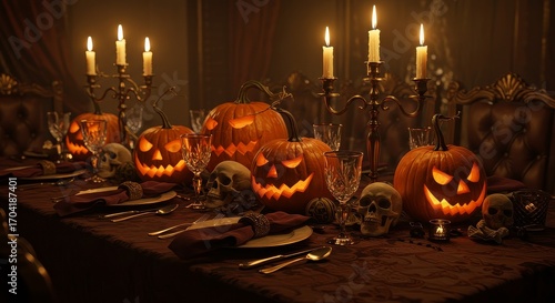 Spooky halloween dinner table with glowing jack-o'-lanterns and skull decor