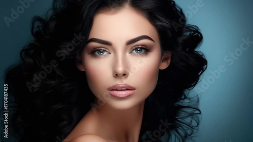 Wallpaper Mural Beautiful woman with flowing dark hair showcases elegance and charm in soft lighting Torontodigital.ca