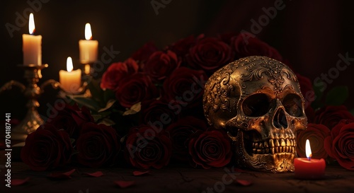Ornate golden skull with roses and candles in dark romantic setting