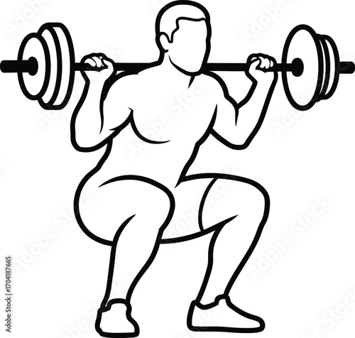 Dynamic silhouette of a muscular man performing a barbell squat exercise in a gym fitness workout illustration vector