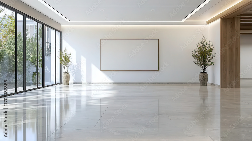 Fototapeta premium Spacious interior featuring minimalist design, large windows, and natural light. room includes potted plants and blank canvas wall, creating