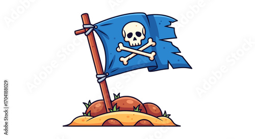 Cartoon pirate flag with skull and crossbones flying high on a sandy island with green grass vector