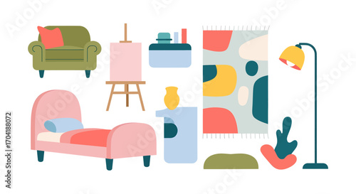 Cozy modern home furnishings and decor assortment cozy bedroom furniture and artistic accents for interior design vector