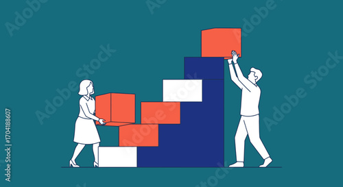 Man and woman building a rising bar graph with blocks, symbolizing teamwork, progress, and shared goals.