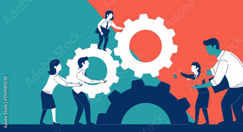 A diverse team of business people collaborating to assemble large gears, symbolizing teamwork, strategy, and progress.