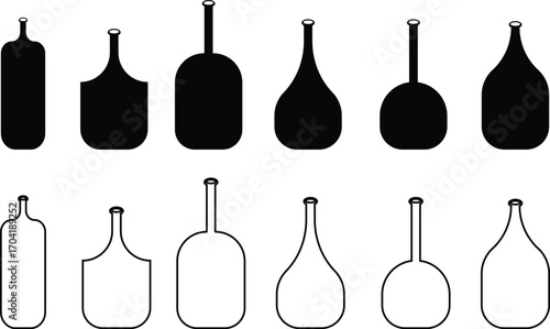 Wine bottle icon set collection group in black flat and line style, alcohol beverage liquor container pack, bar pub drink symbol bundle, silhouette outline illustration, isolated on transparent backgr