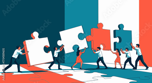 Diverse business team collaborating to connect large jigsaw puzzle pieces representing the French flag.