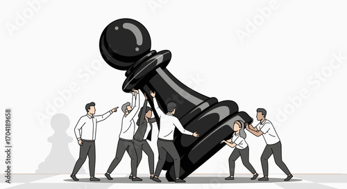 A business team collaborates to lift a giant fallen black chess pawn, symbolizing teamwork, strategy, and overcoming challenges.