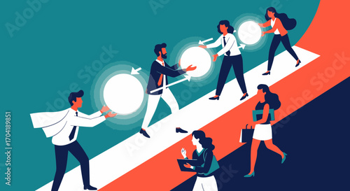 Business people collaborating on an upward arrow, passing glowing orbs of innovation in a team relay symbolizing progress and growth.