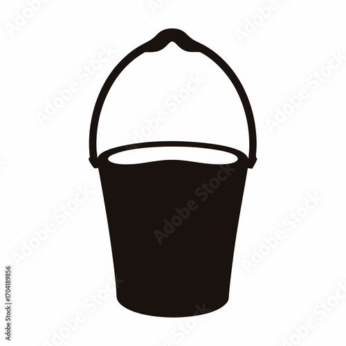 A simplistic silhouette of a classic bucket with handle in black and white