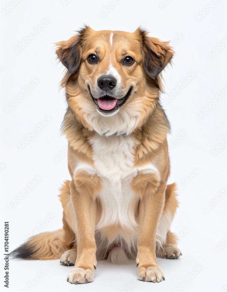 Fototapeta premium Friendly Domestic Dog with Soft Fur Sitting Isolated on White Background for Animal Object, Pet Concept and Canine Nature Photography