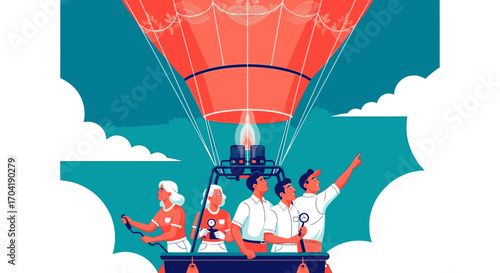 A diverse group of people enjoying a scenic ride in a red hot air balloon against a teal sky with clouds.