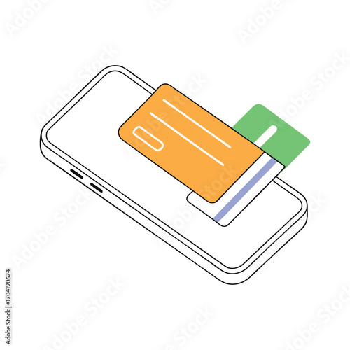 Vector art of isometric illustration of a smartphone with credit cards on top, representing mobile payment and online shopping