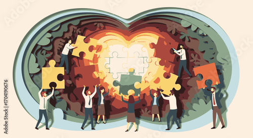 A diverse team collaborates to build a large, glowing heart-shaped puzzle, symbolizing unity, love, and collective effort.