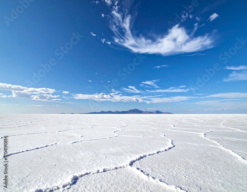 Vast white salt flat under a vibrant blue sky