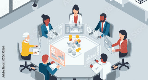 Diverse business team collaborating in a futuristic meeting room with holographic data displays and interactive screens.