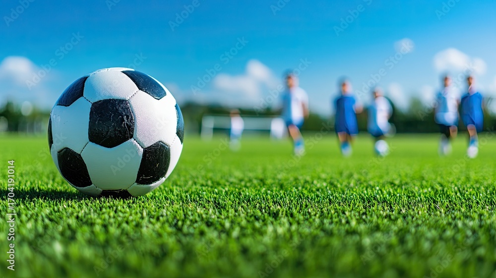Obraz premium Soccer ball on green field with playing children